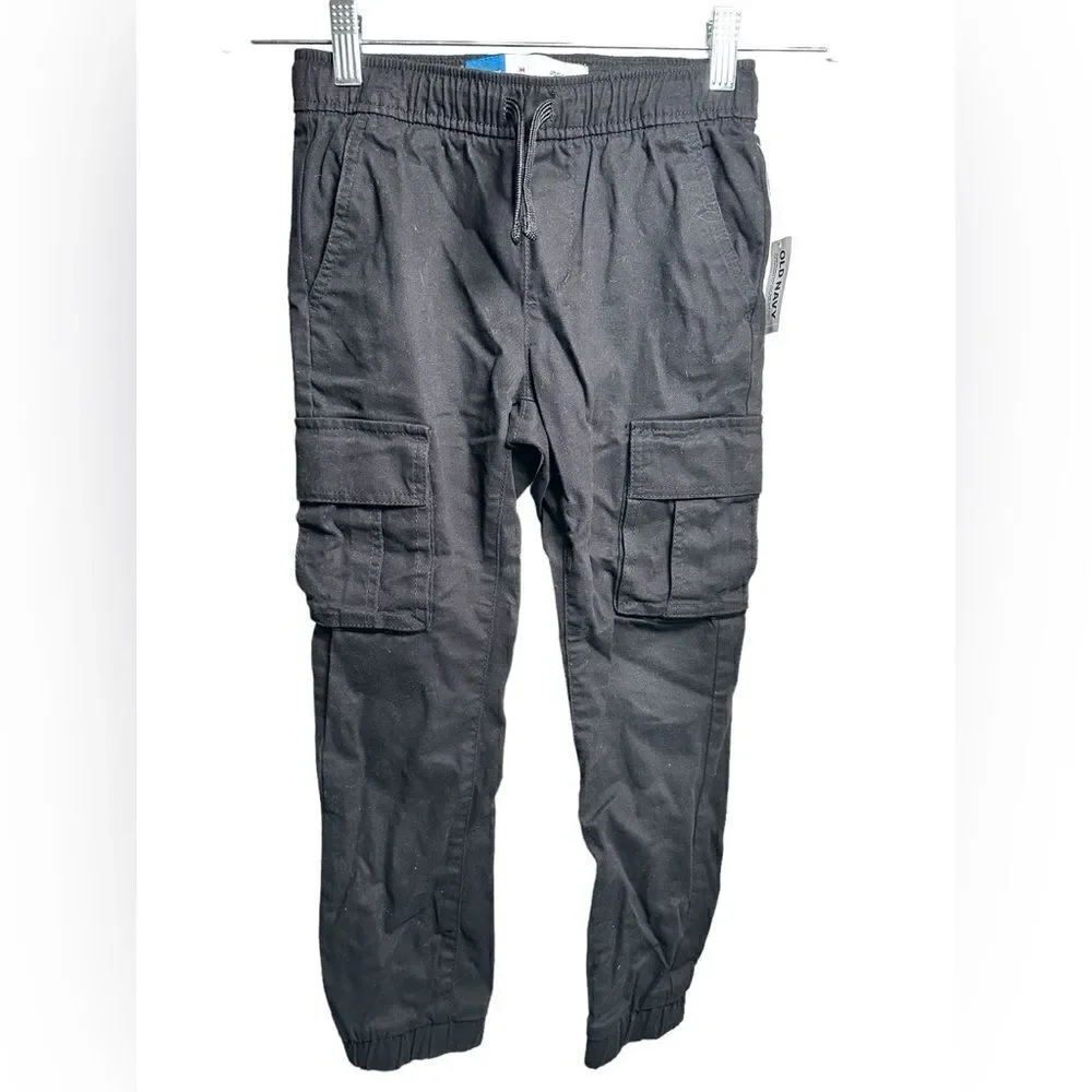 NWT Old Navy Boys Kids Black Twill Cargo Joggers Pants Drawstring Waist - Size M